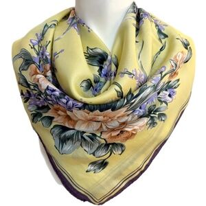 Vintage Hand Rolled Silk Scarf – Yellow Floral with Peach & Lavender Flowers